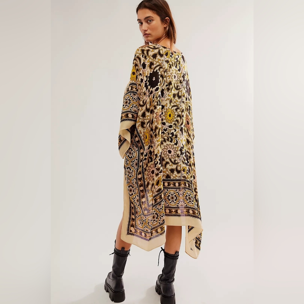 Free People Beige and Black Floral Print Poncho Top